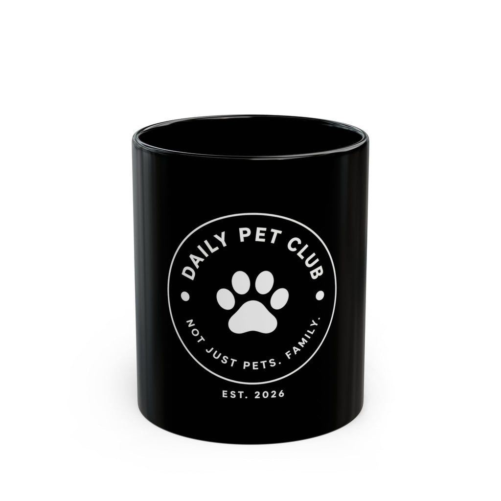 Daily Pet Club Black Mug — "Daily Pet Club: Not Just Pets. Family." Paw Print Coffee Mug