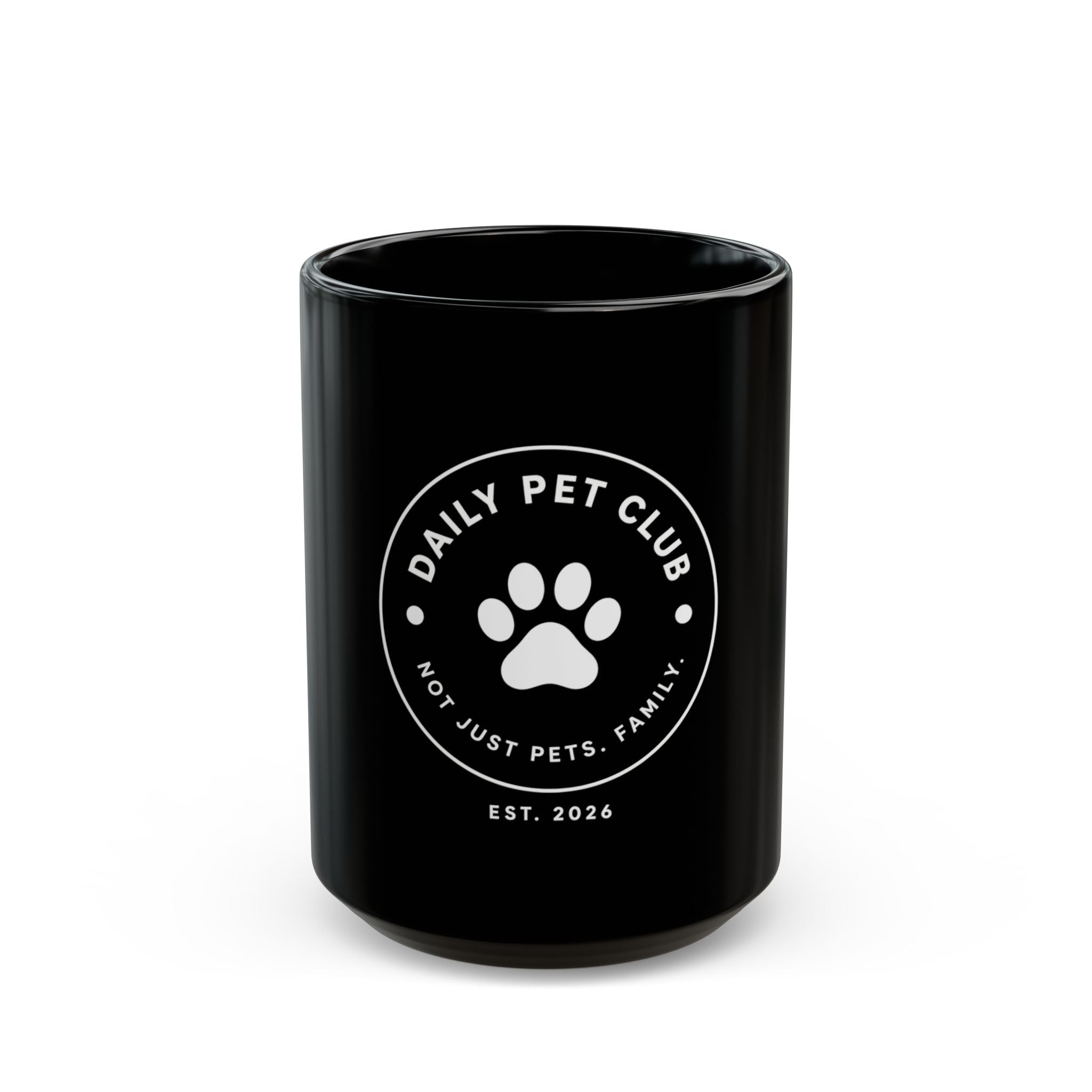 Daily Pet Club Black Mug — "Daily Pet Club: Not Just Pets. Family." Paw Print Coffee Mug